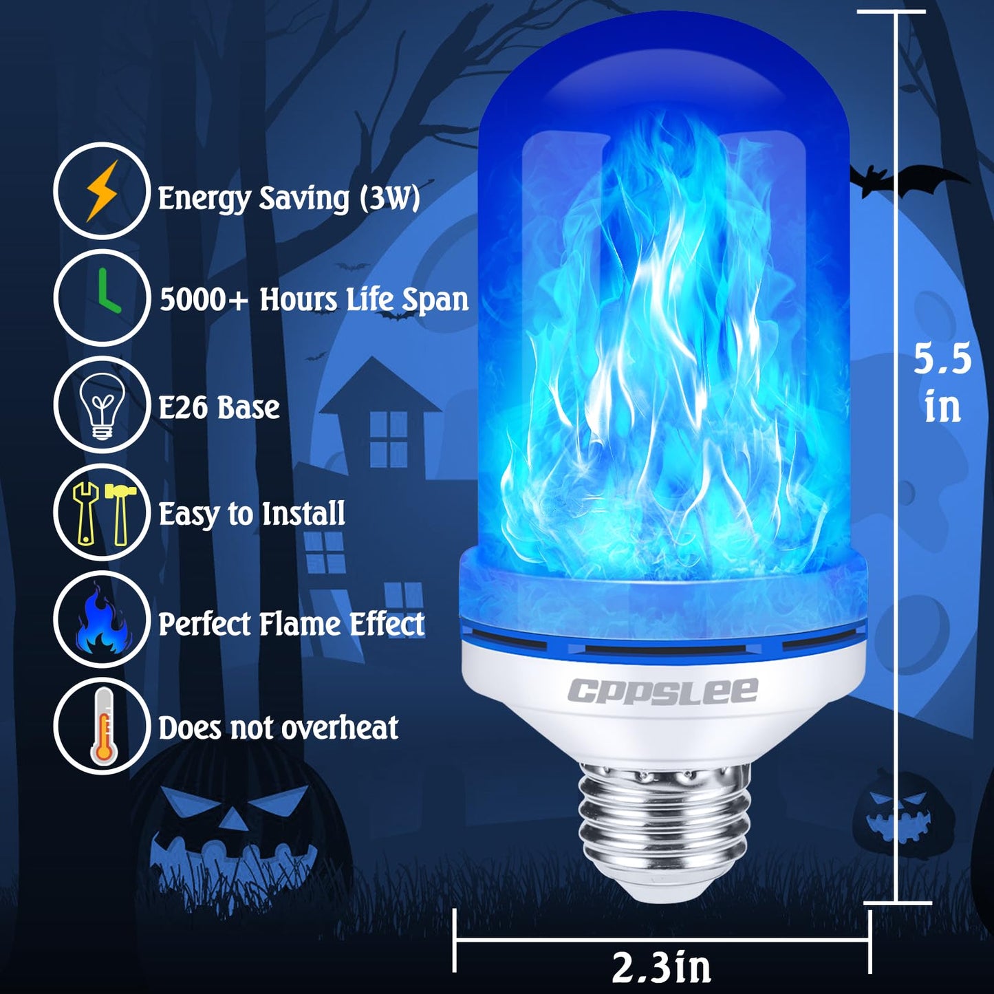 TopZoo Blue LED Light Bulbs 2PCS, Flickering Flame Light Bulbs Upgraded 4 Modes, E26 Base Light Bulbs with Upside Down Effect for Garden Decor, Halloween, Party, Patio, Indoor, Outdoor Decor