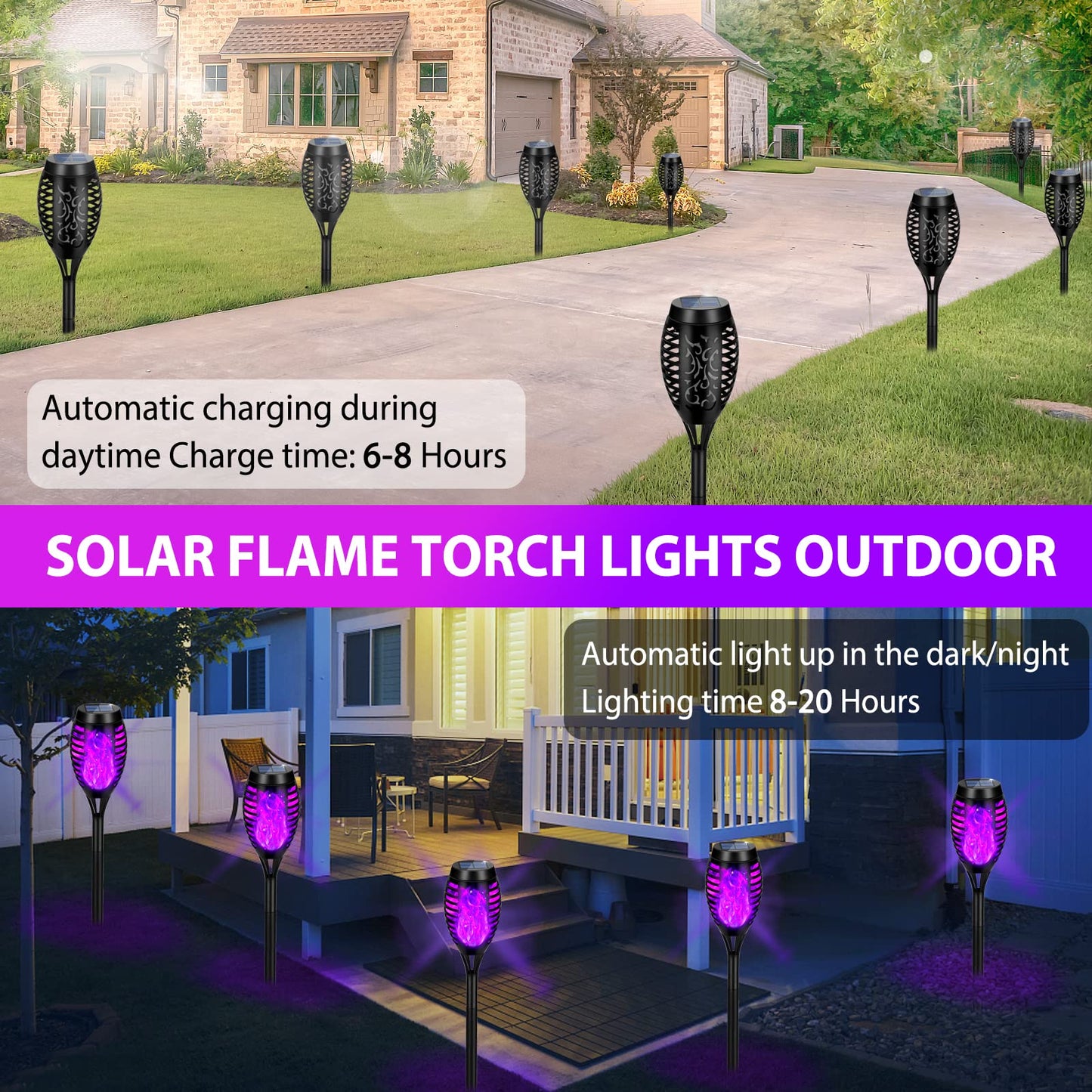 8 Packs Solar Tiki Torch Lights with Flickering Flame, Waterproof H-alloween Solar Lights Outdoor, Solar H-alloween Pathway Lights, H-allowee Decor Lights for Garden, Lawn, Patio, Yard